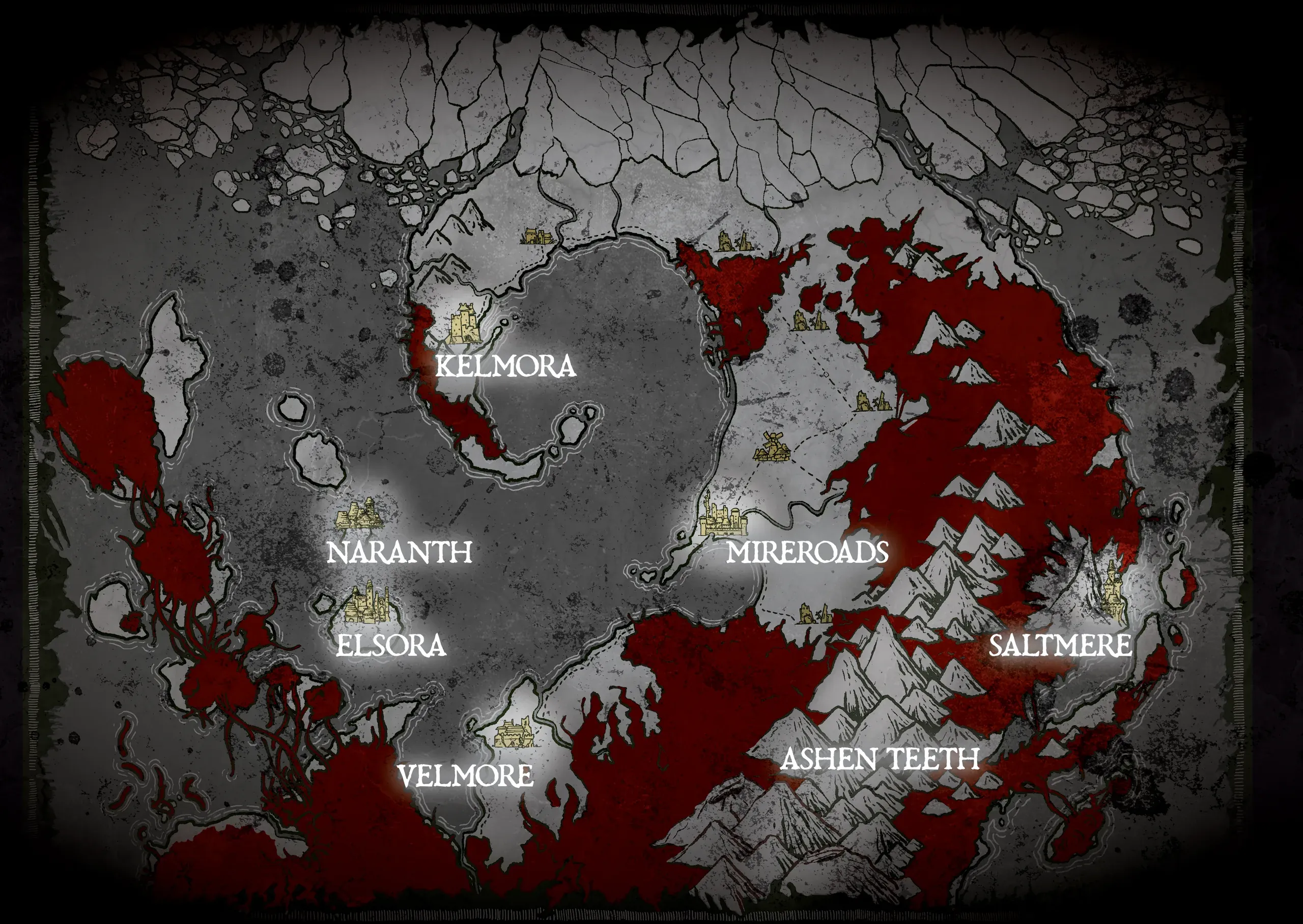 Map of the Boundless realms, including Kelmora, Naranth, Elsora, Velmore, Mireroads, the Ashen Teeth, and Saltmere