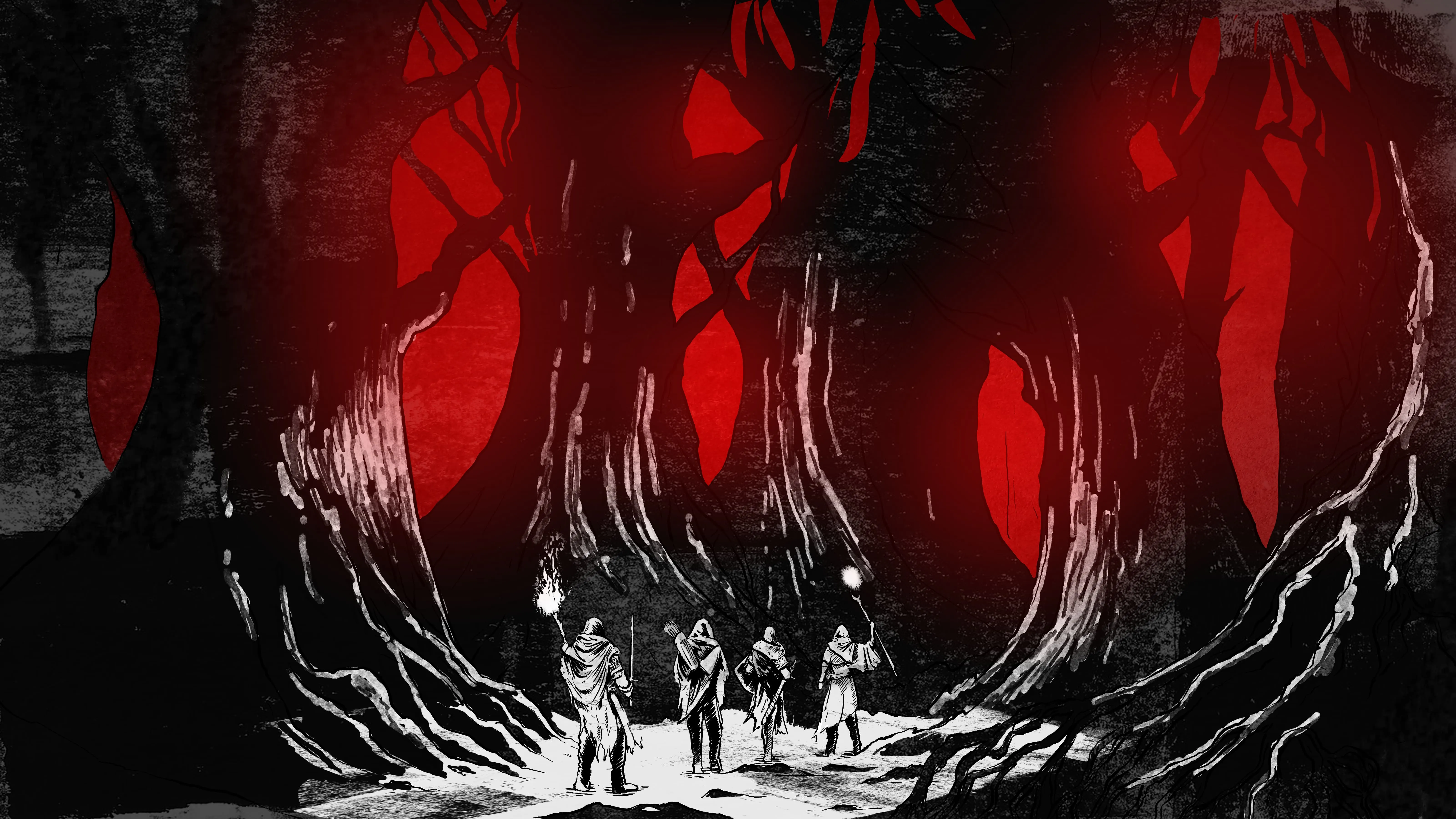 A dark forest with tangled branches and distant light