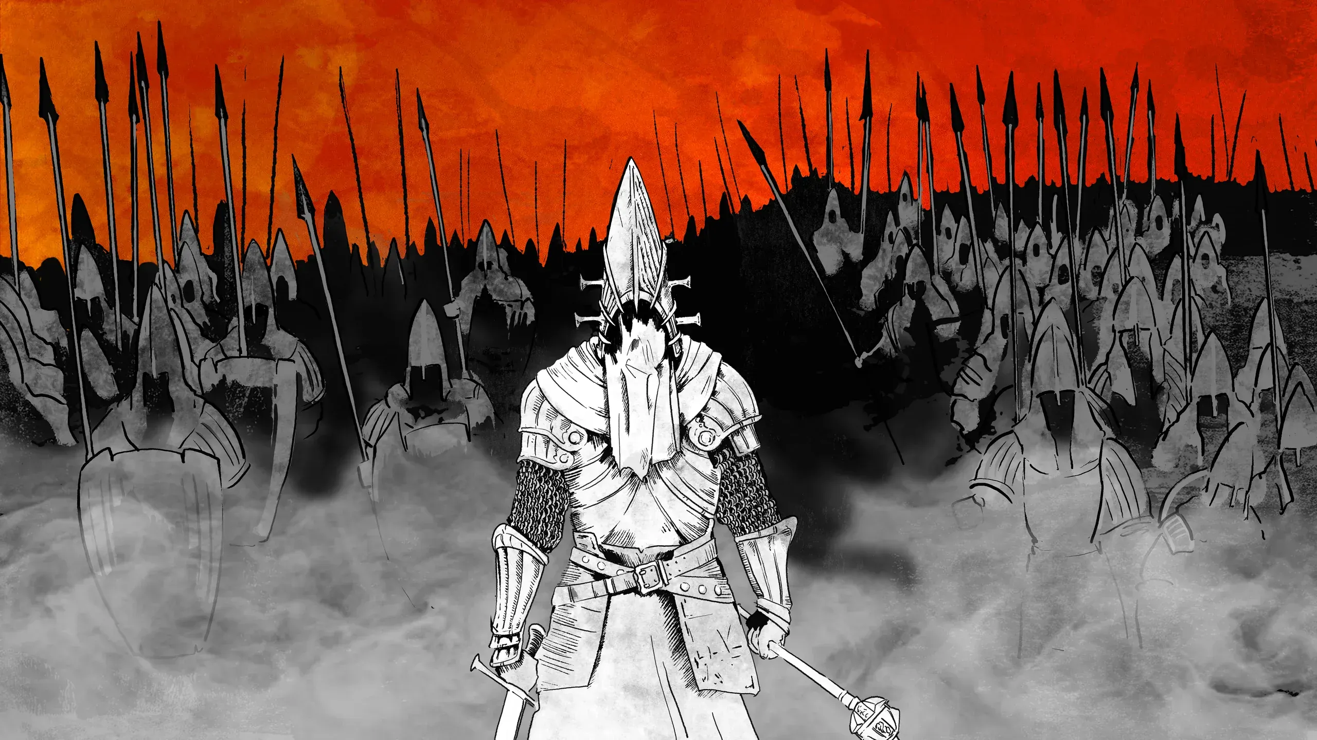 The army of the Church of the One Light marching beneath a blood-red sky