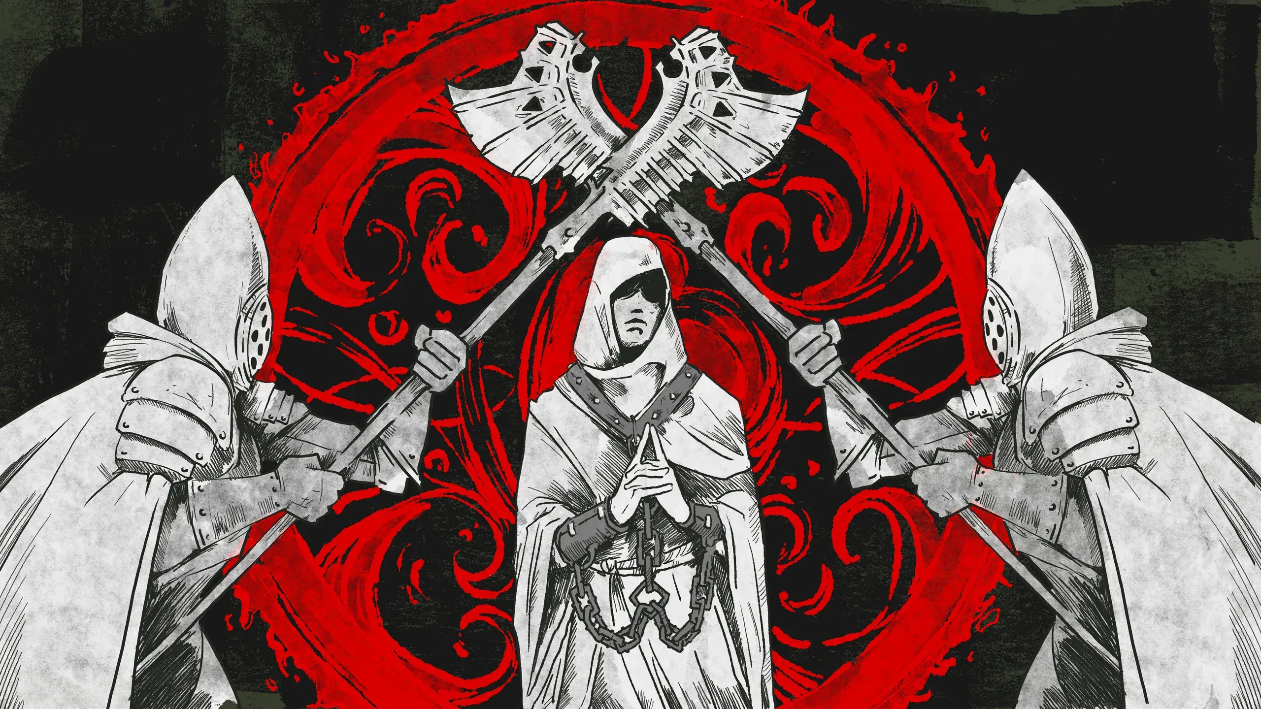 A prisoner surrounded by armored servants of the Church of the One Light