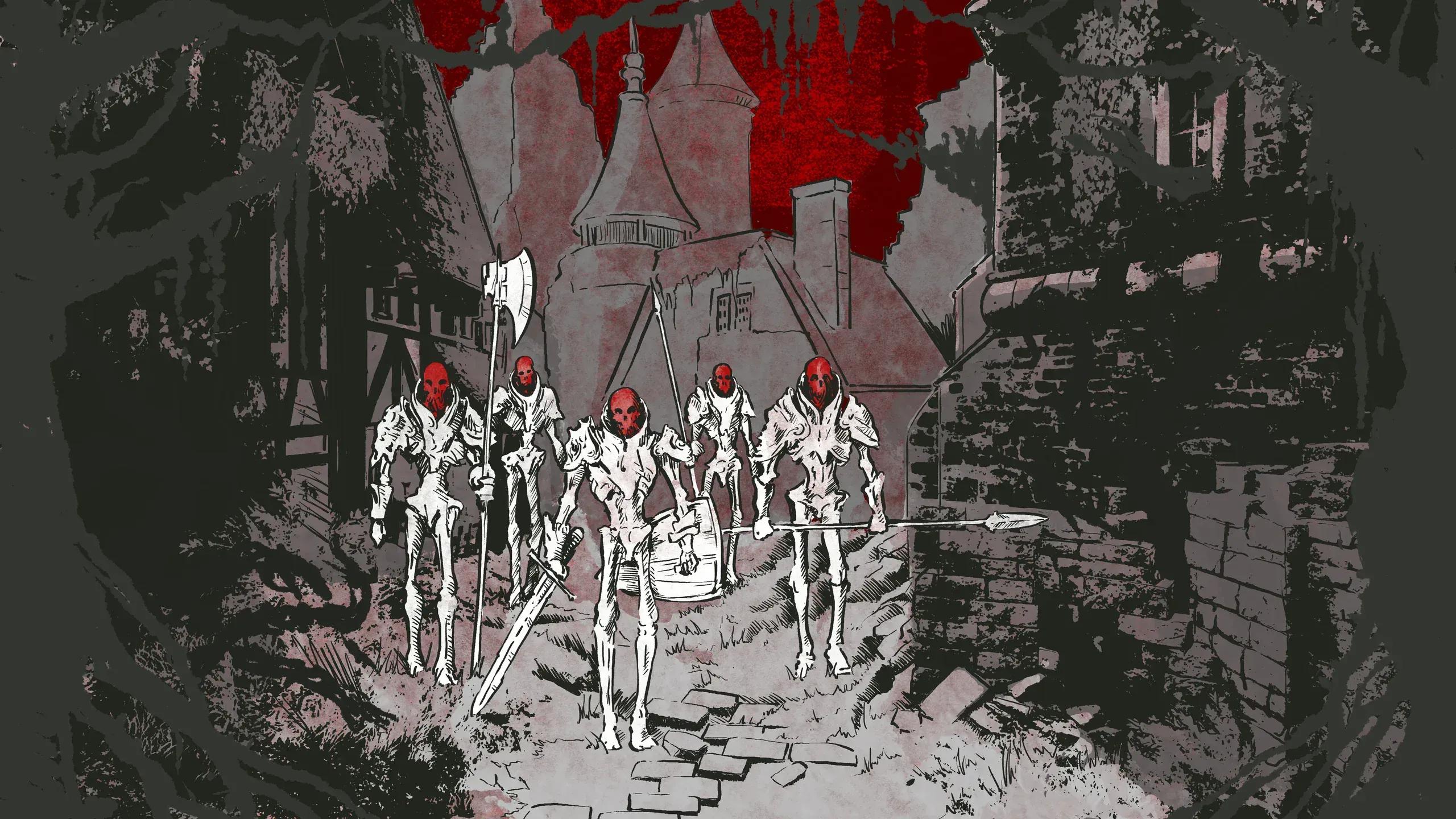 Wooden husks marching from a darkened city behind a red-shielded warrior