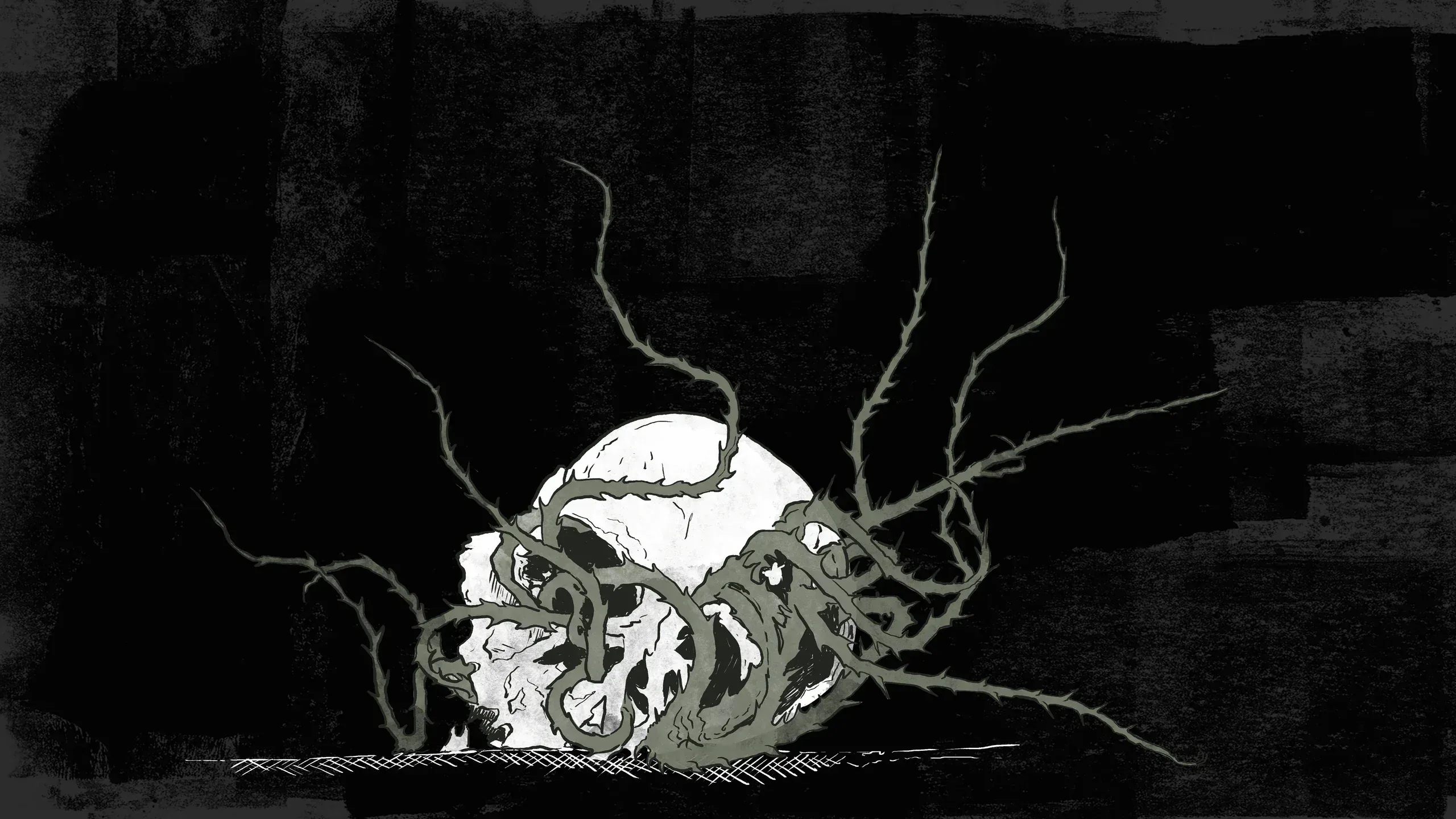 Ruins and bones swallowed by the dark roots of the forest